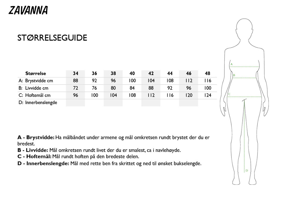 Størrelseguide 34-48 Finn din størrelse | Rask levering | Kjøp på Zavanna.no